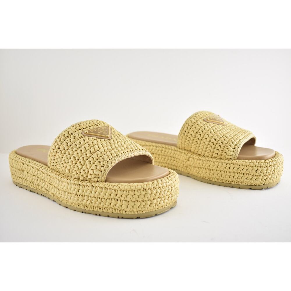 Prada Crochet Raffia Platform Slide Natural Beige Logo Mule Wedge Sandal 40 - Picture 4 of 16
